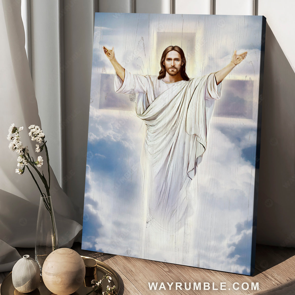 Stunning sky, The world of Jesus, White cross symbol, Pray for healing - Jesus Portrait Canvas Prints, Home Decor Wall Art