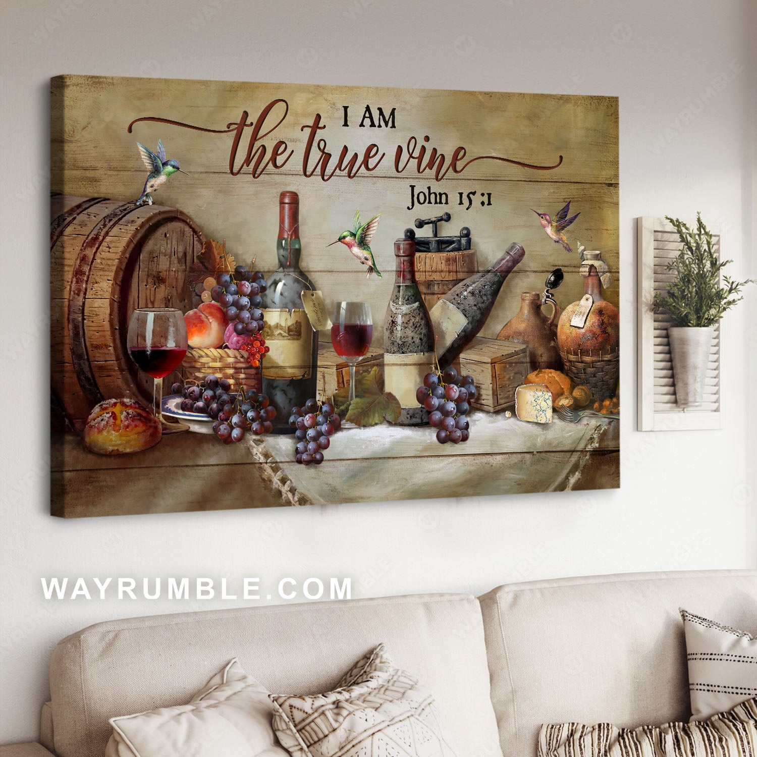 Kitchen painting, Red wine, Barrel, Grape, I am the true vine - Jesus Landscape Canvas Prints, Christian Wall Art