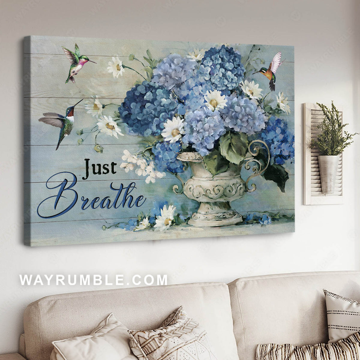 Blue hydrangea, Daisy flower, Green hummingbirds, Just breathe - Jesus Landscape Canvas Prints, Christian Wall Art