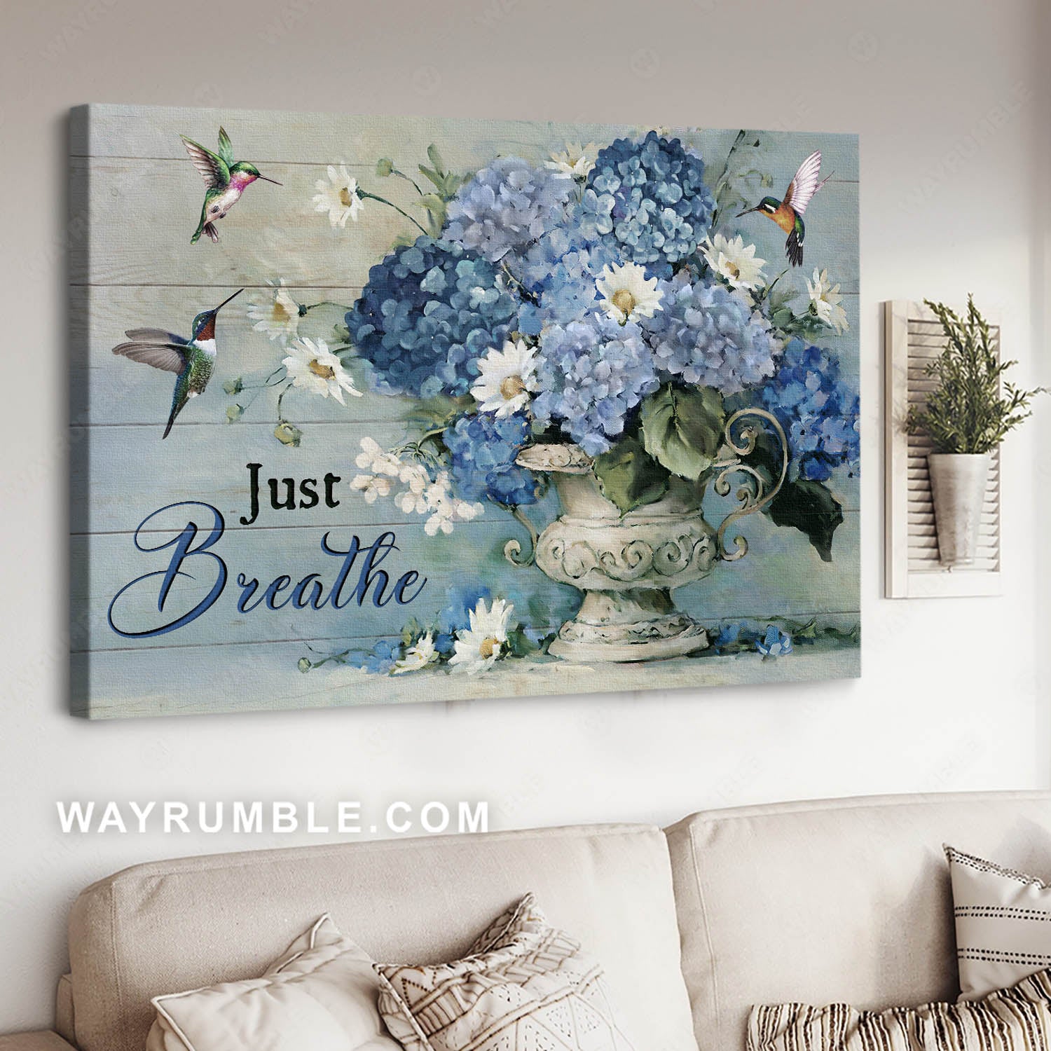 Blue hydrangea, Daisy flower, Green hummingbirds, Just breathe - Jesus Landscape Canvas Prints, Christian Wall Art