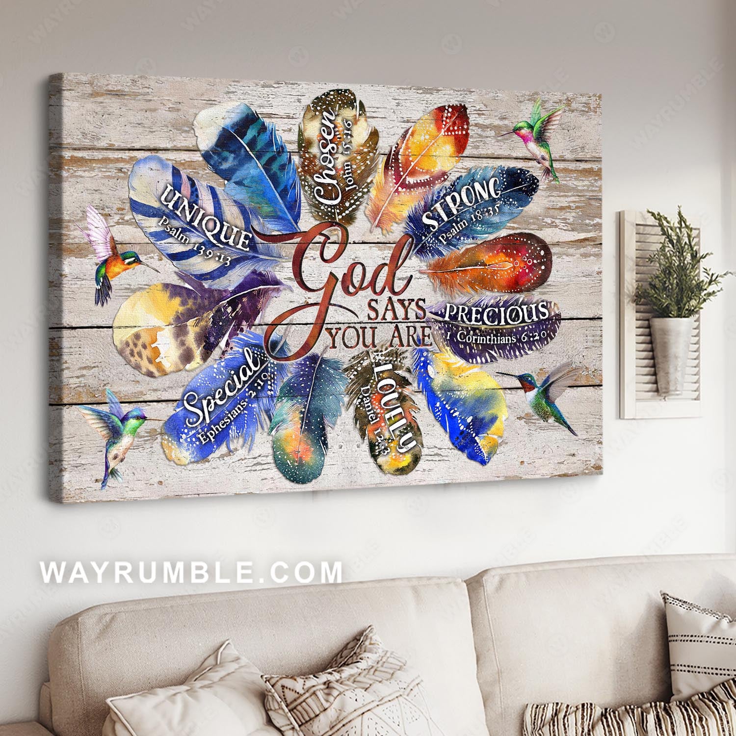 Bird feathers, Colorful patterns, Hummingbirds, God says you are chosen - Jesus Landscape Canvas Prints, Christian Wall Art