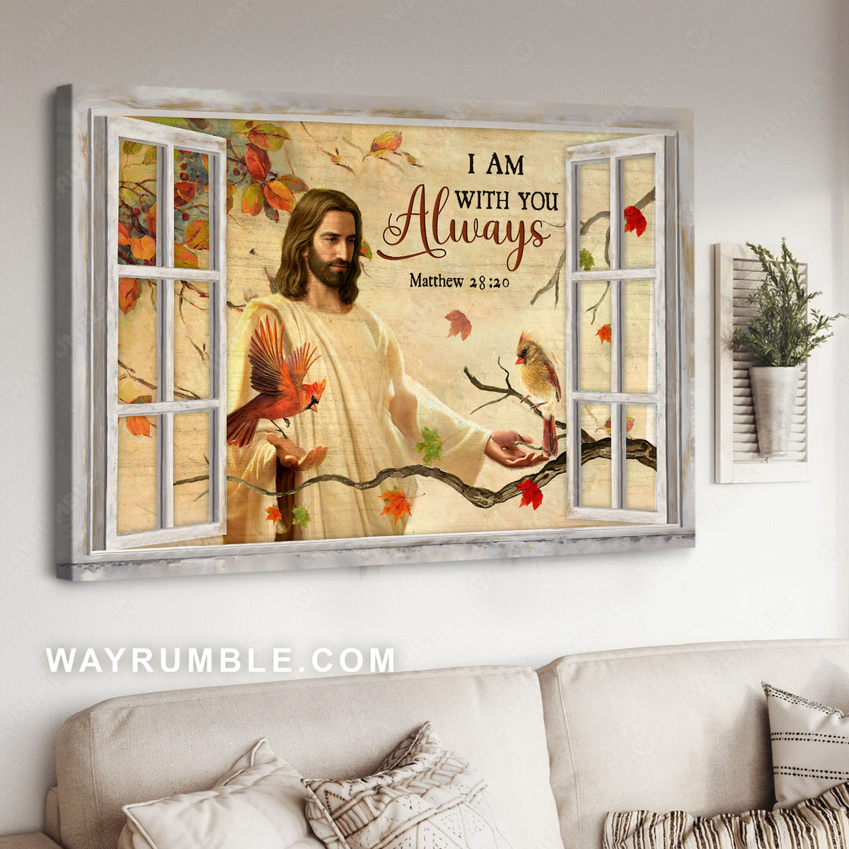 Jesus hug, Red cardinal, Yellow cardinal, Autumn leaves, I am with you always - Jesus Landscape Canvas Prints, Christian Wall Art