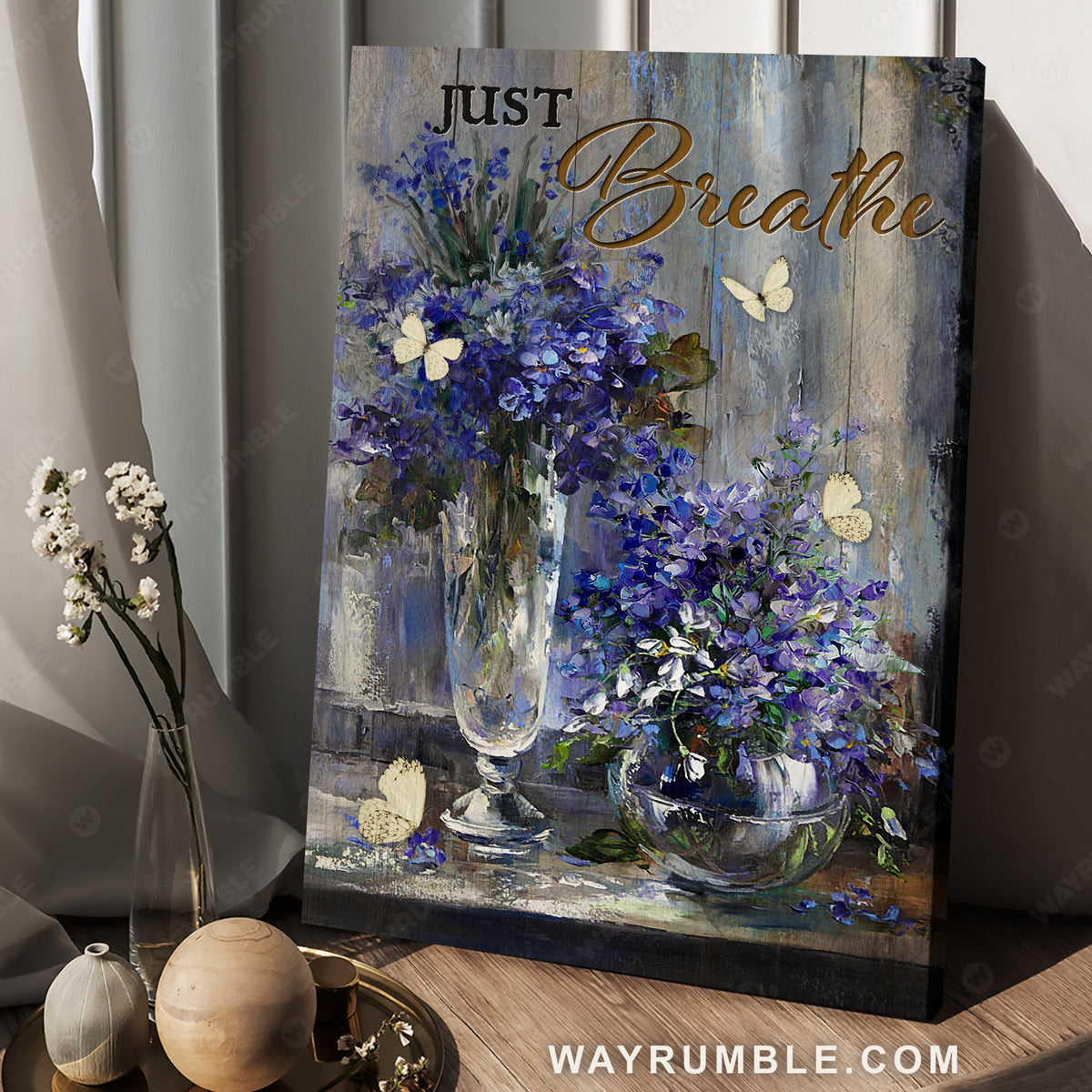 Pretty violet drawing, Flower painting, White butterfly, Just breathe - Jesus Portrait Canvas Prints, Christian Wall Art