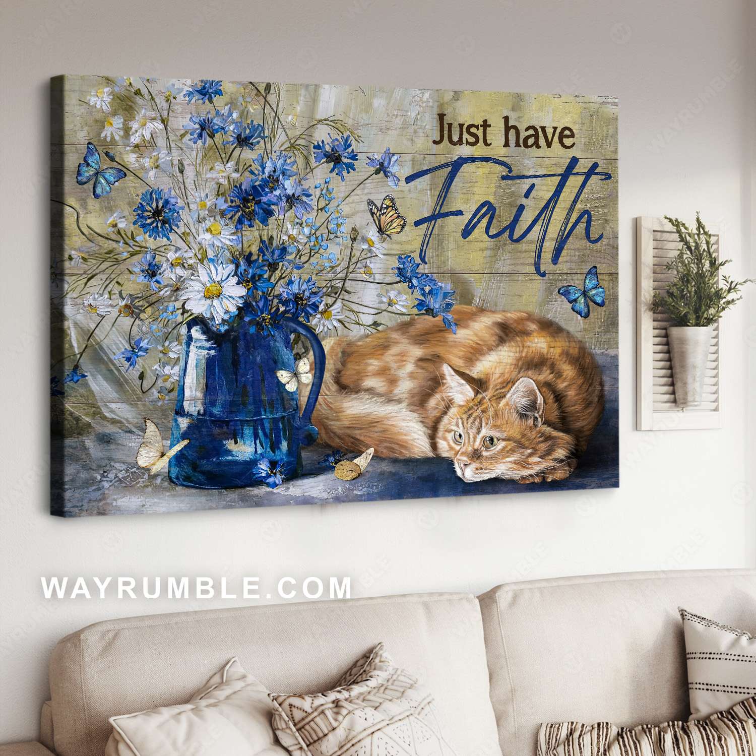 Blue daisy, White daisy, Orange tabby cat, Just have faith - Jesus Landscape Canvas Prints, Christian Wall Art
