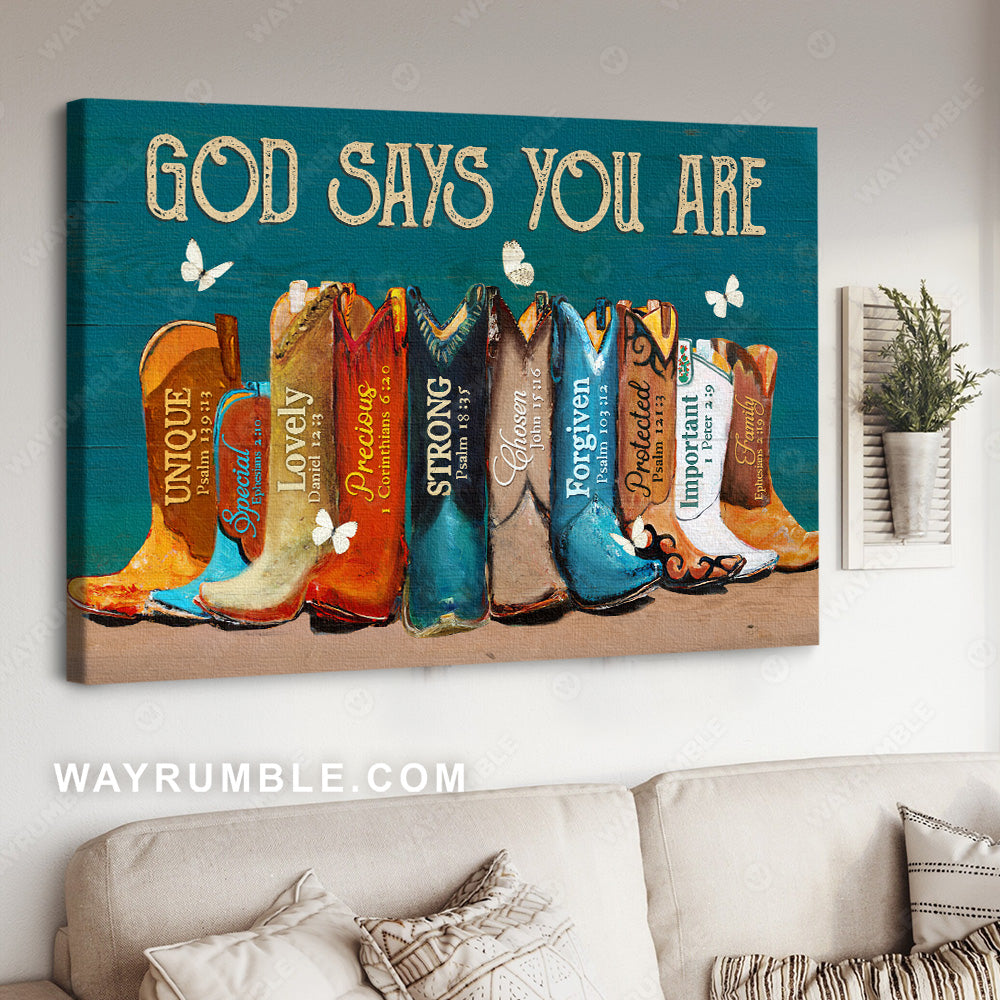 Colorful boots, White butterfly, Jesus painting, God says you are unique - Jesus Landscape Canvas Prints, Wall Art