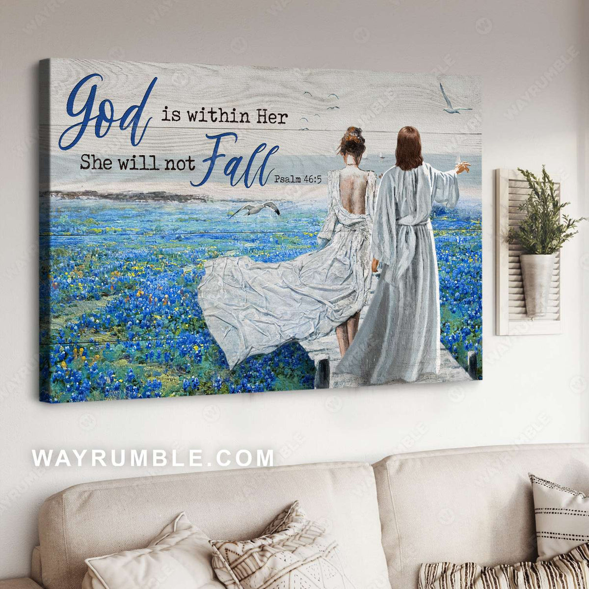 Blue flower field, Walking with Jesus, God is within her, She will not fall - Jesus Landscape Canvas Prints, Christian Wall Art