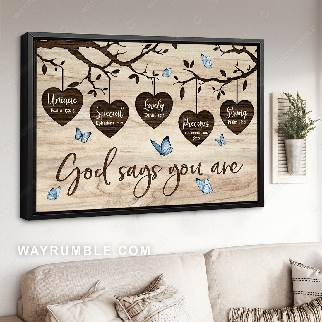 Wooden heart, Oldest tree, Blue butterfly, God says you are unique - Jesus Landscape Canvas Prints, Christian Wall Art