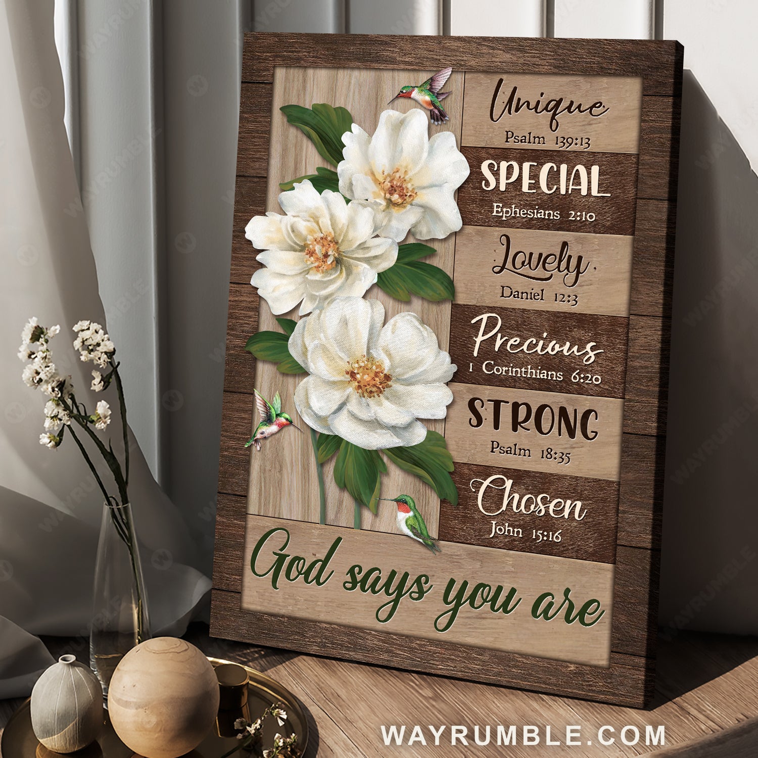 White magnolia flower, Hummingbird drawing, God says you are unique - Jesus Portrait Canvas Prints, Home Decor Wall Art