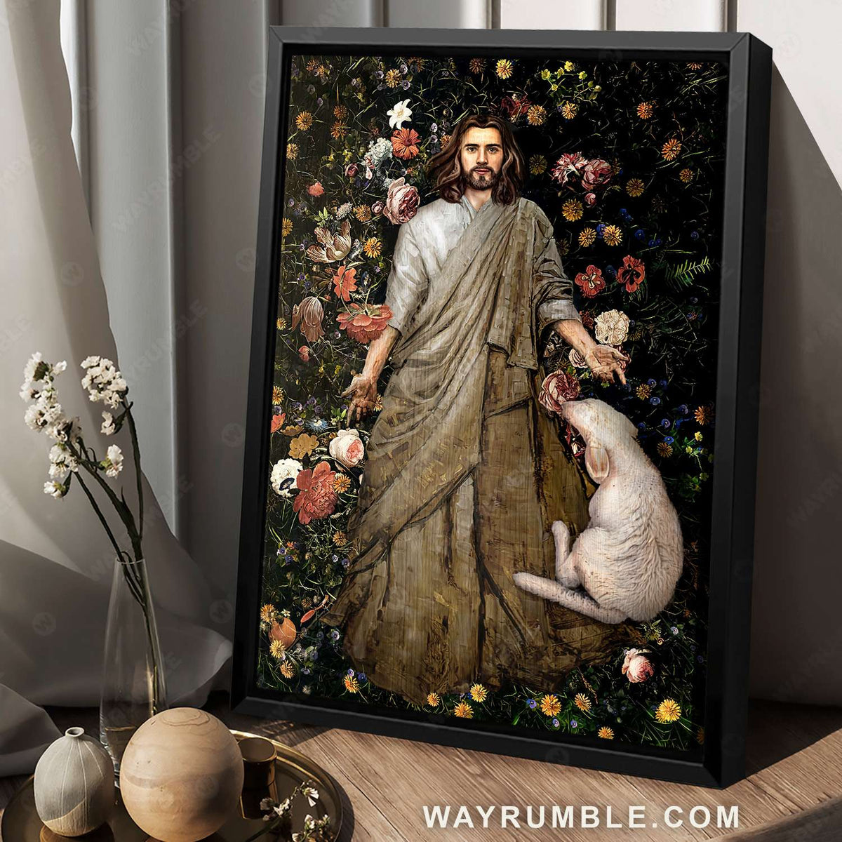 Jesus painting, Flower garden, White sheep, The life of Jesus - Jesus Portrait Canvas Prints, Christian Wall Art