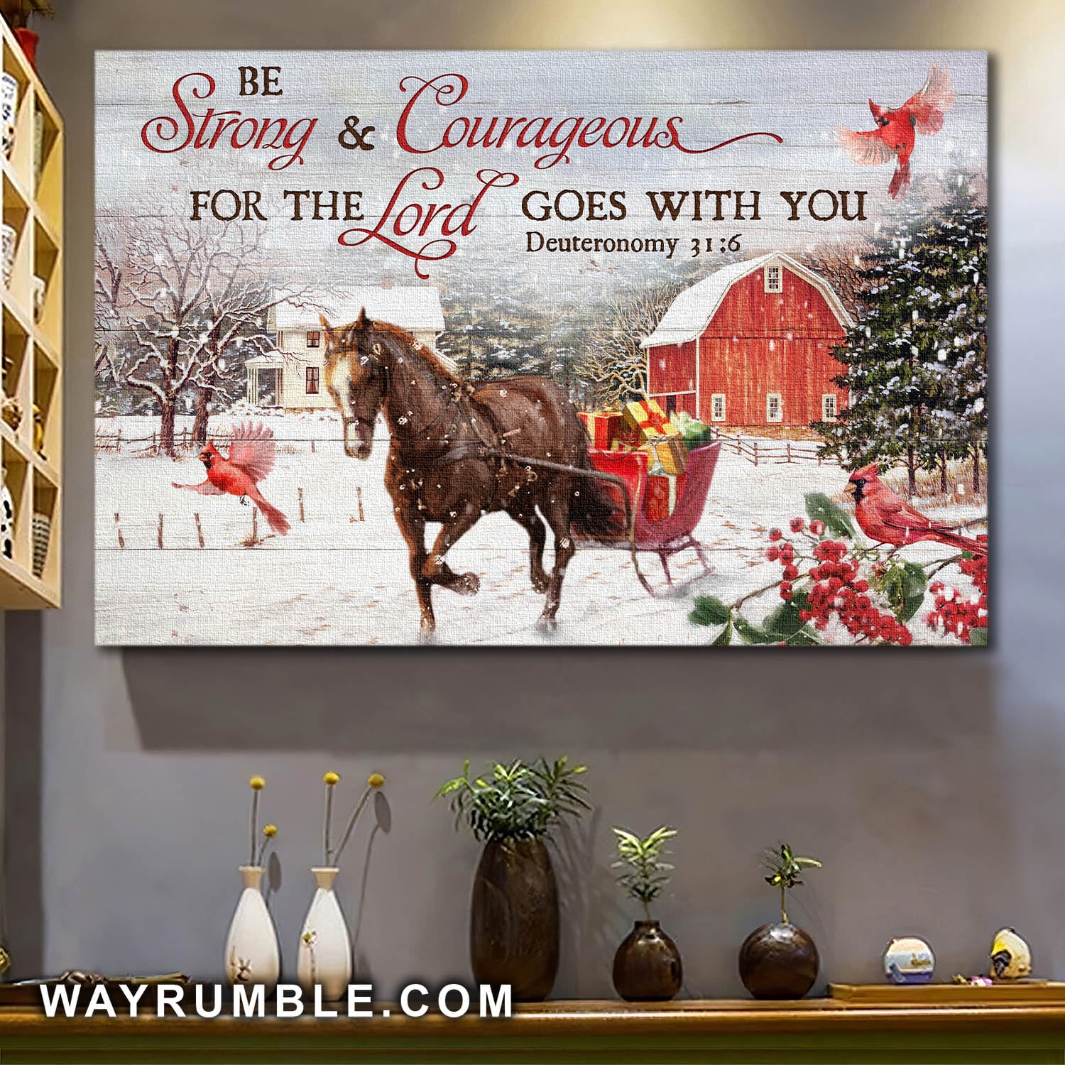 Horse, Christmas gift car, Cardinal, Winter farm, Be strong and courageous - Jesus Landscape Canvas Prints, Wall Art