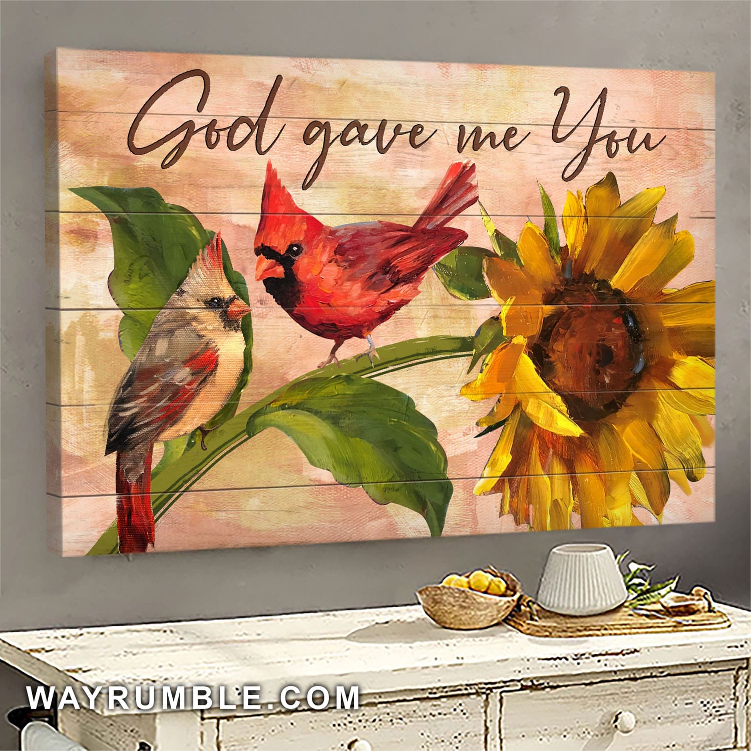 Cardinal Couple, Sunflower, God gave me you - Jesus Landscape Canvas Prints, Wall Art