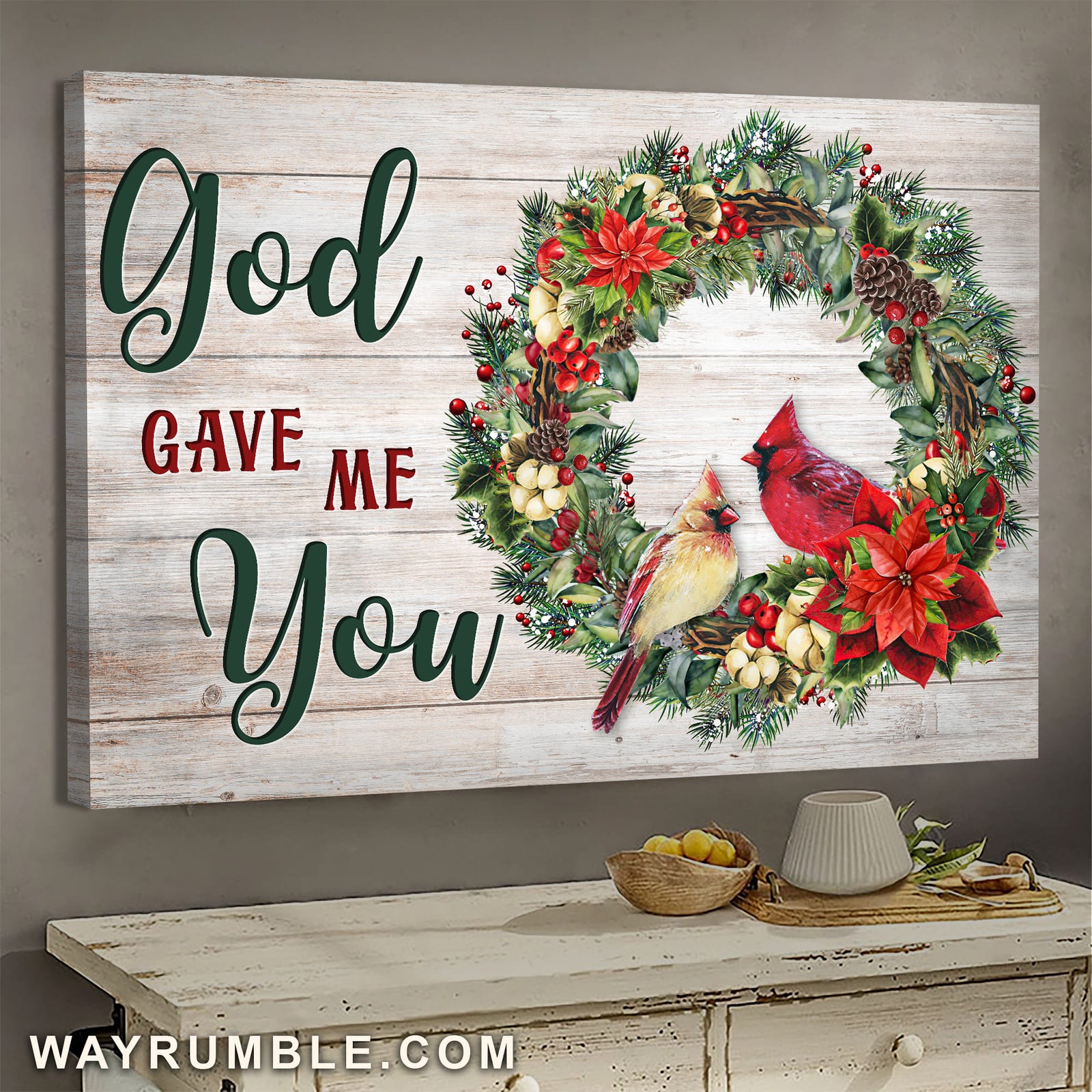 Christmas wreath, Cardinal painting, God gave me you - Jesus Landscape Canvas Prints, Wall Art