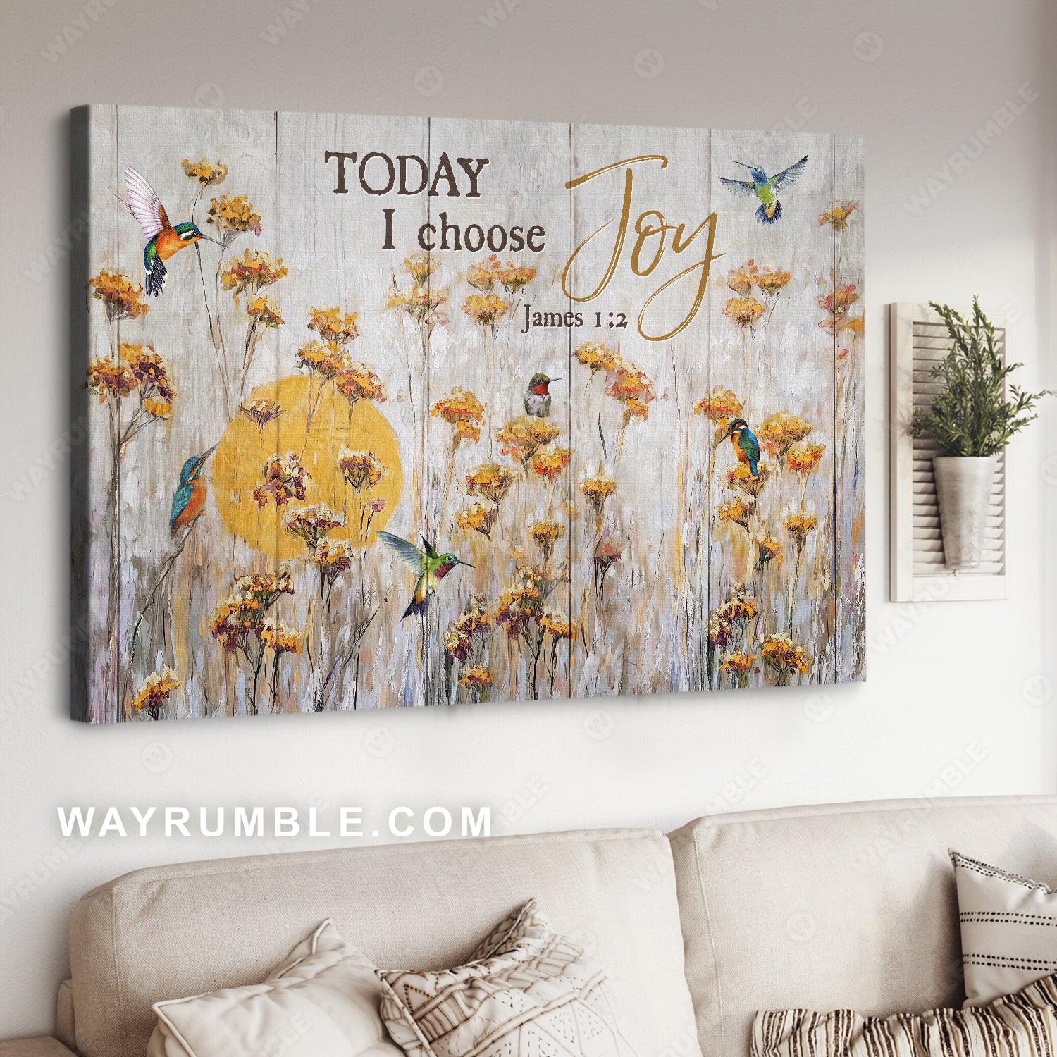 Yellow flower field, Beautiful hummingbird, Today I choose joy - Jesus Landscape Canvas Prints, Home Decor Wall Art