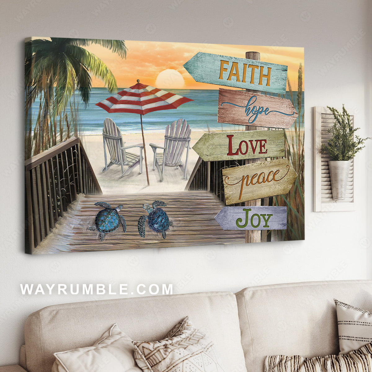 Sea turtles, Beach chairs, Sunrise ocean, Faith hope love - Jesus Landscape Canvas Prints, Christian Wall Art