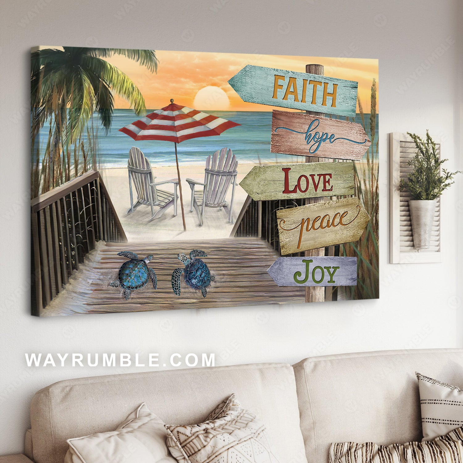Sea turtles, Beach chairs, Sunrise ocean, Faith hope love - Jesus Landscape Canvas Prints, Christian Wall Art