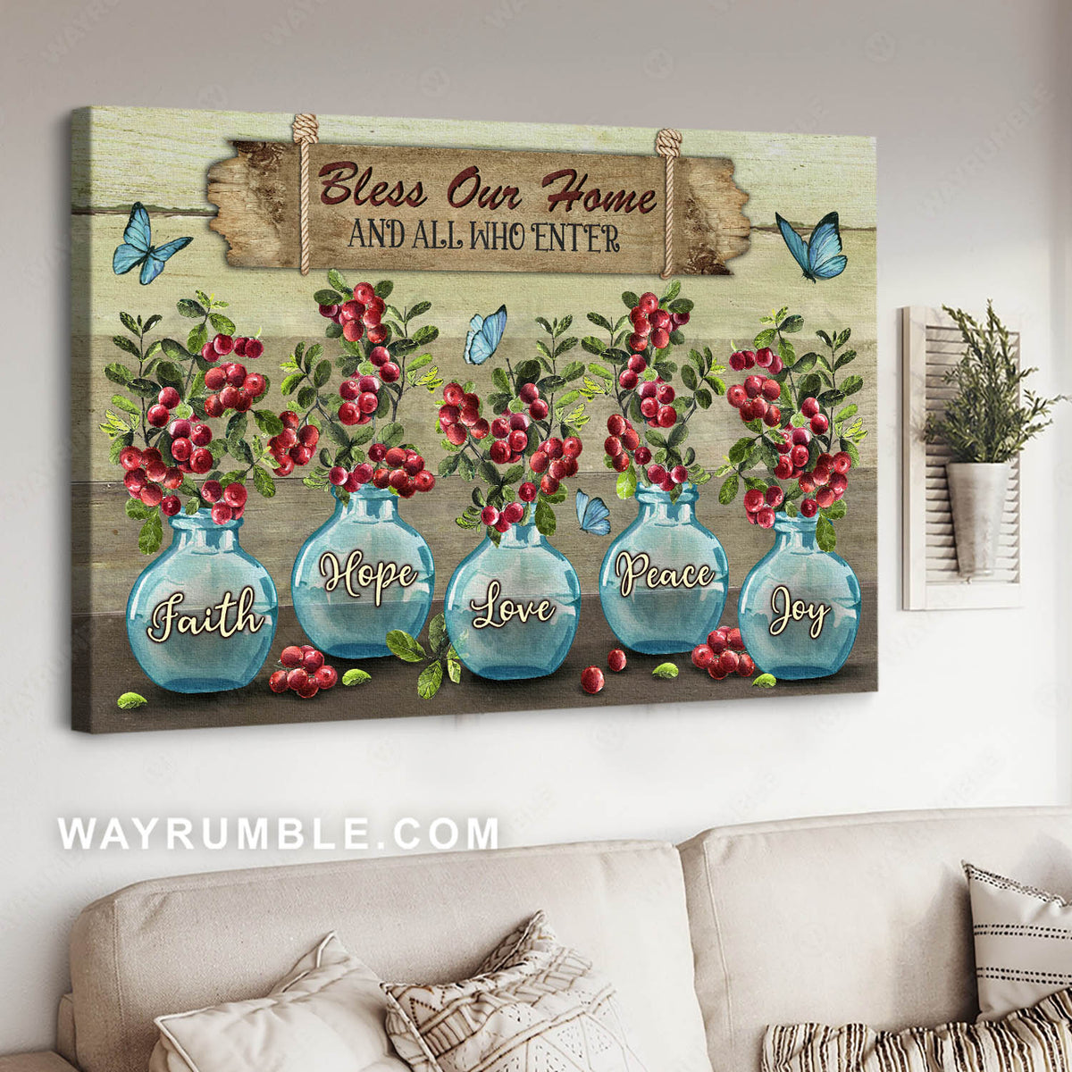 Blue vase, Blue butterfly, Cranberry, Bless our home - Jesus Canvas Prints, Christian Wall Art