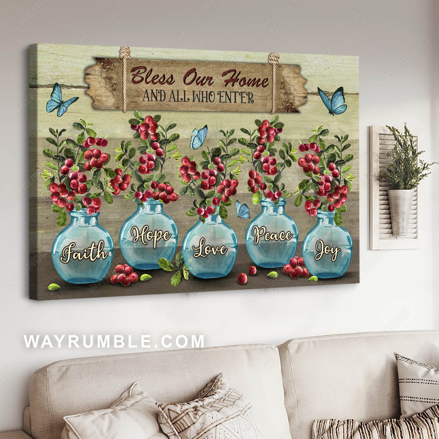 Blue vase, Blue butterfly, Cranberry, Bless our home - Jesus Canvas Prints, Christian Wall Art