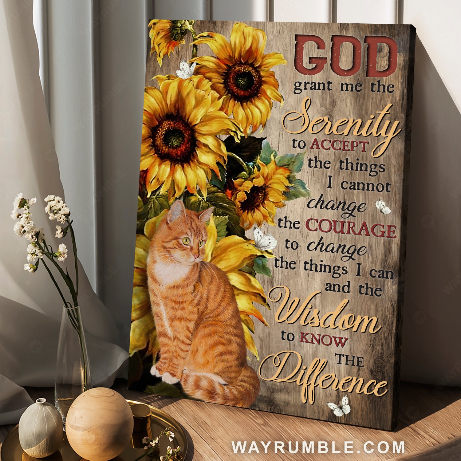 Tabby cat, Big sunflower, Wood background, God grant me the serenity  - Jesus Portrait Canvas Prints, Christian Wall Art