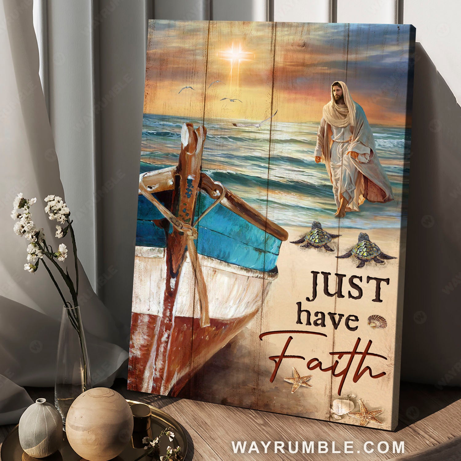 Jesus Christ, Old boat, Sea turtle, Beach scene, Just have faith - Jesus Portrait Canvas Prints, Christian Wall Art