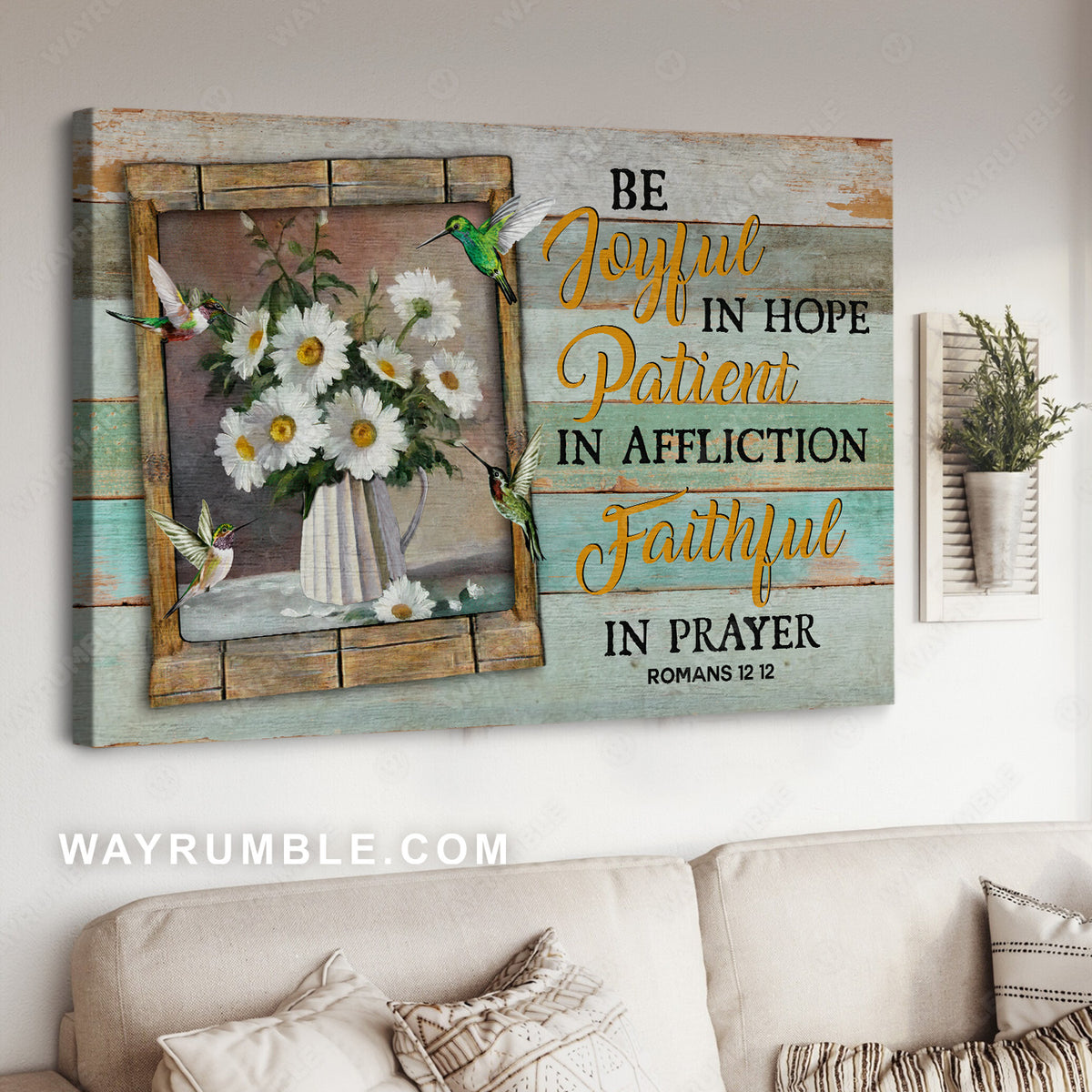 Still life painting, Baby daisy, Hummingbird, Be joyful in hope - Jesus Landscape Canvas Prints, Christian Wall Art