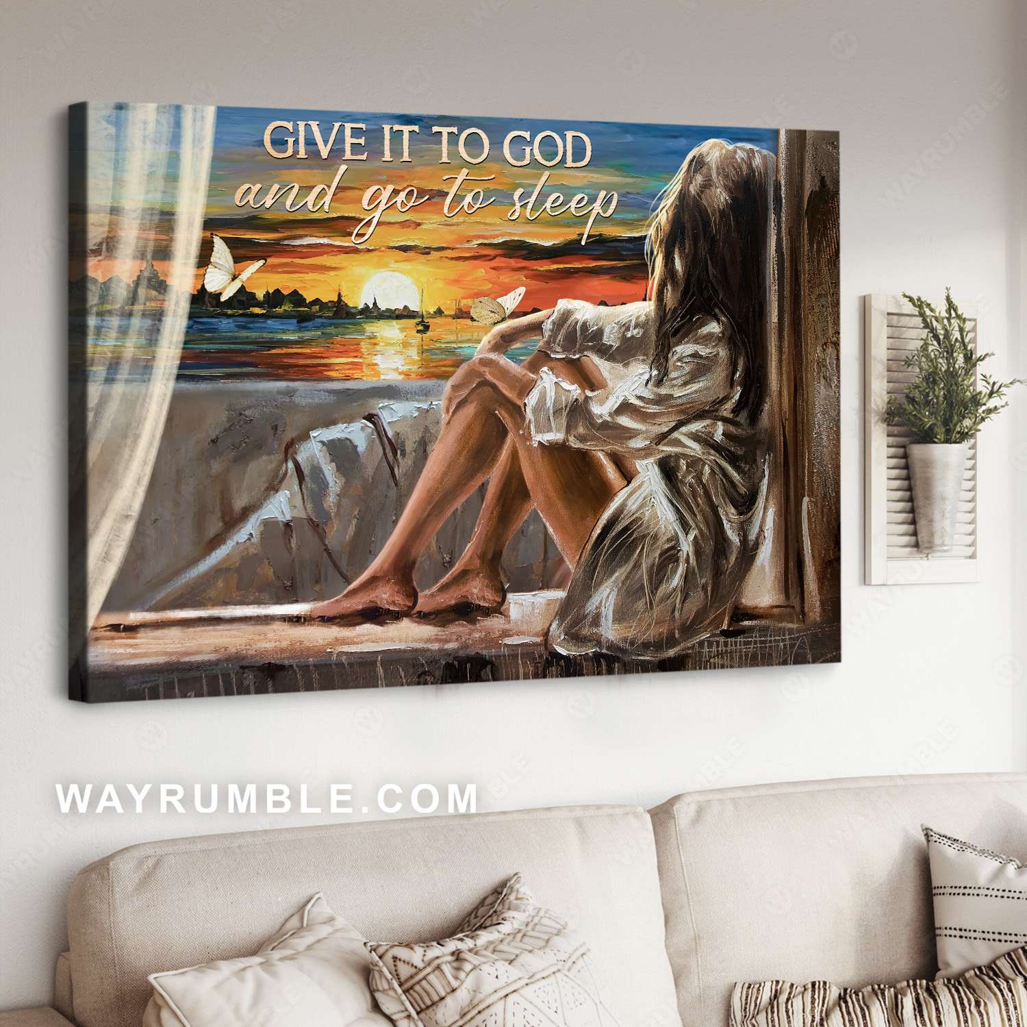 Pretty girl, Sunset sky, Ocean surface, Give it to God - Jesus Landscape Canvas Prints, Christian Wall Art