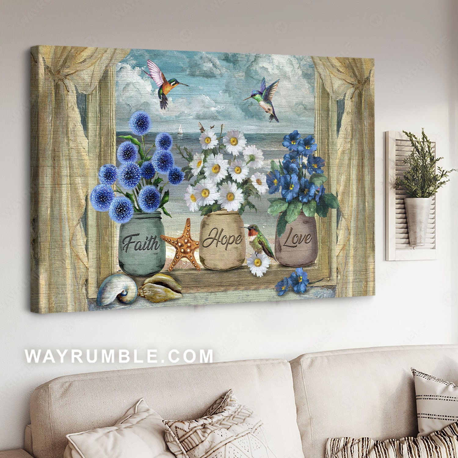 Dandelion plant, White daisy, Blue flax, Window scarf, Faith hope love - Jesus Landscape Canvas Prints, Christian Wall Art