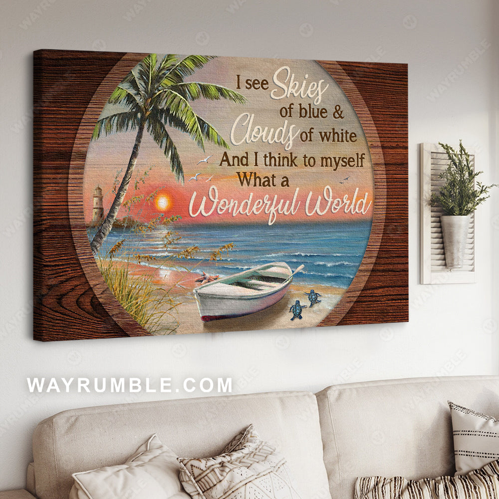 Red sunset, Beach painting, Circle frame, What a beautiful world - Jesus Landscape Canvas Prints, Christian Wall Art