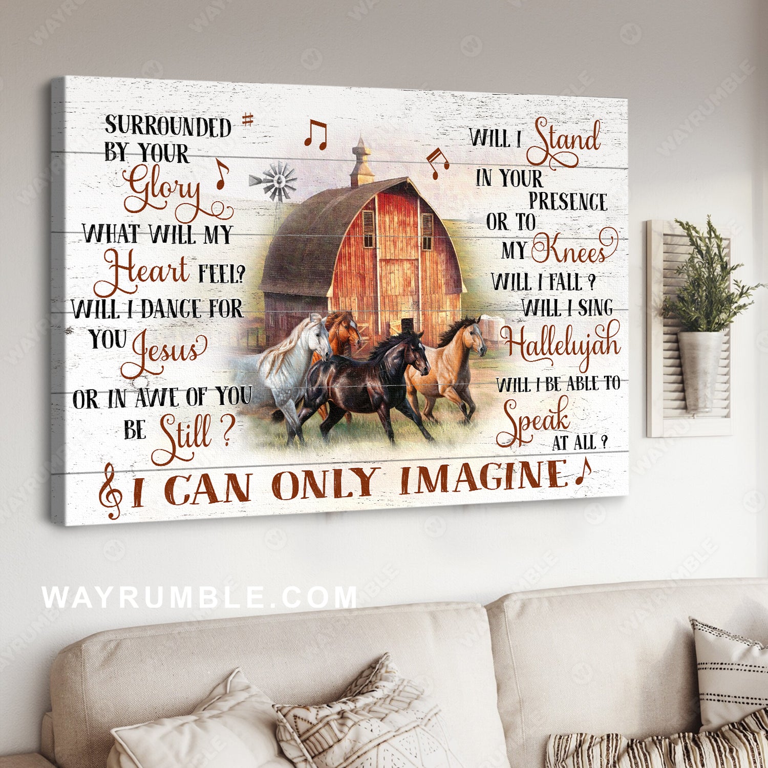 Crazy horses, Music note, Vintage house, White background, I can only imagine - Jesus Landscape Canvas Prints, Christian Wall Art
