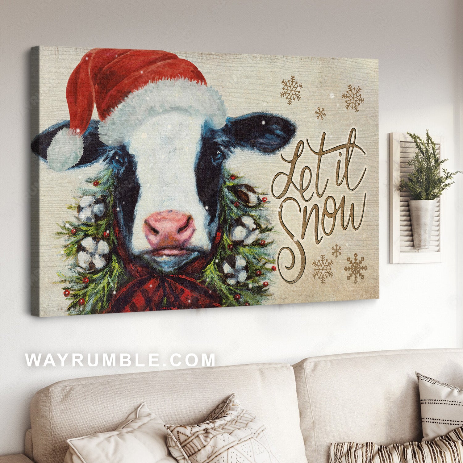 Lovely dairy cow, Christmas wreath, Christmas hat, Let it snow - Jesus Landscape Canvas Prints, Home Decor Wall Art