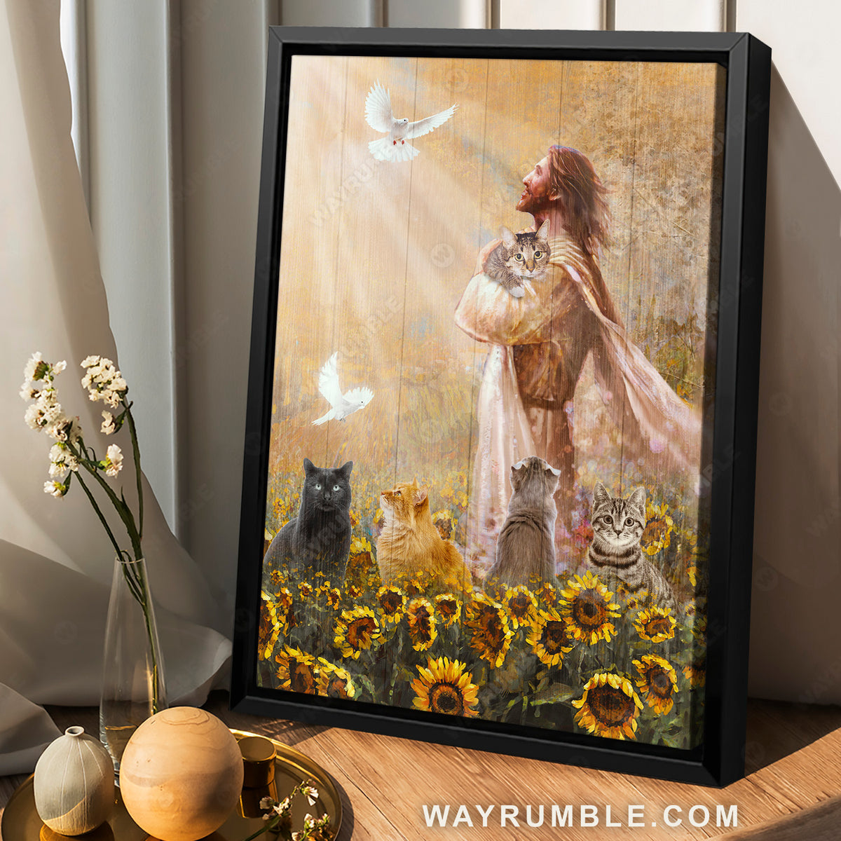 The real face of Jesus, Little cat, Sunflower garden, Dove drawing - Jesus Portrait Canvas Prints, Christian Wall Art