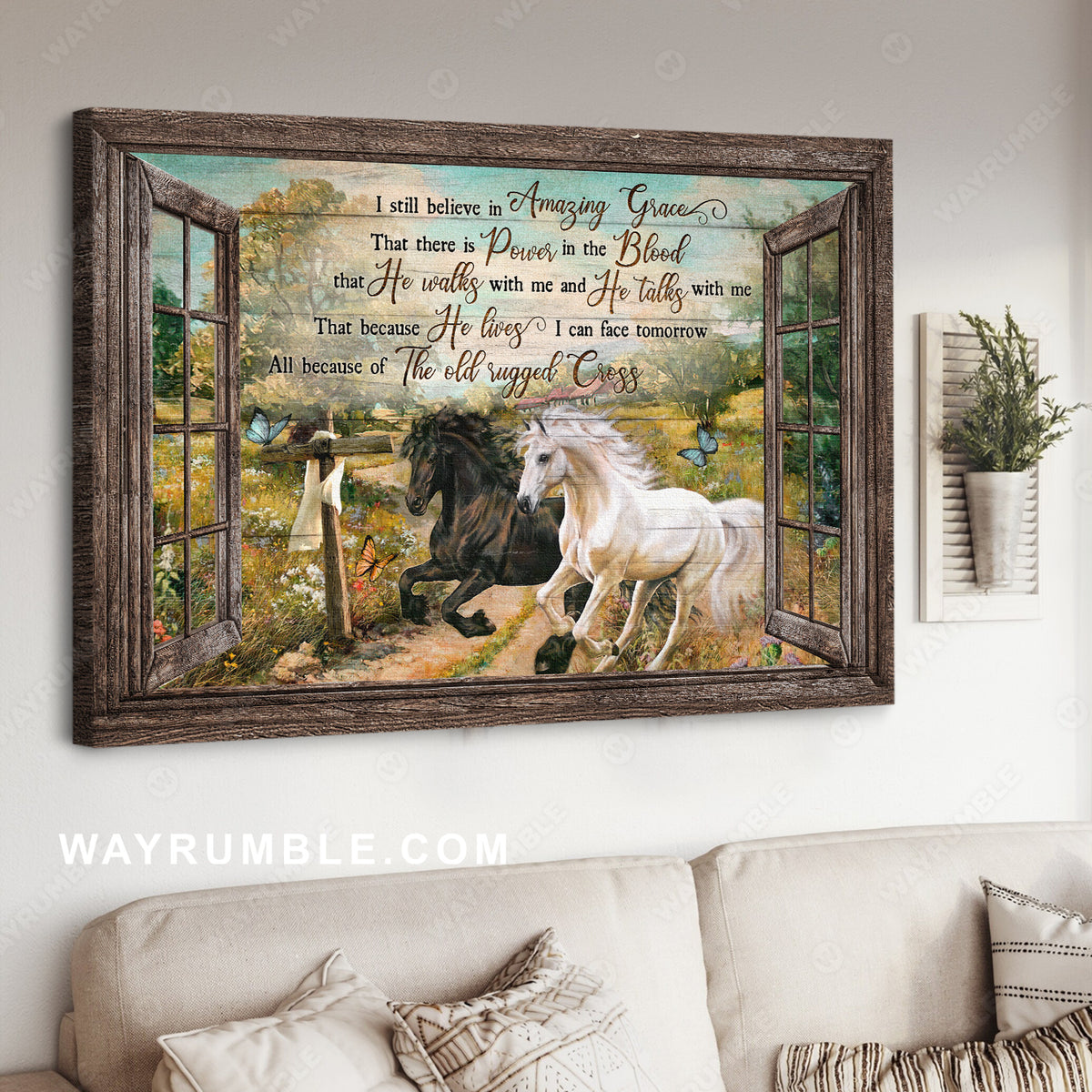 Running horses, Brilliant flower field, Spring painting, I still believe in amazing grace - Jesus Landscape Canvas Prints, Wall Art