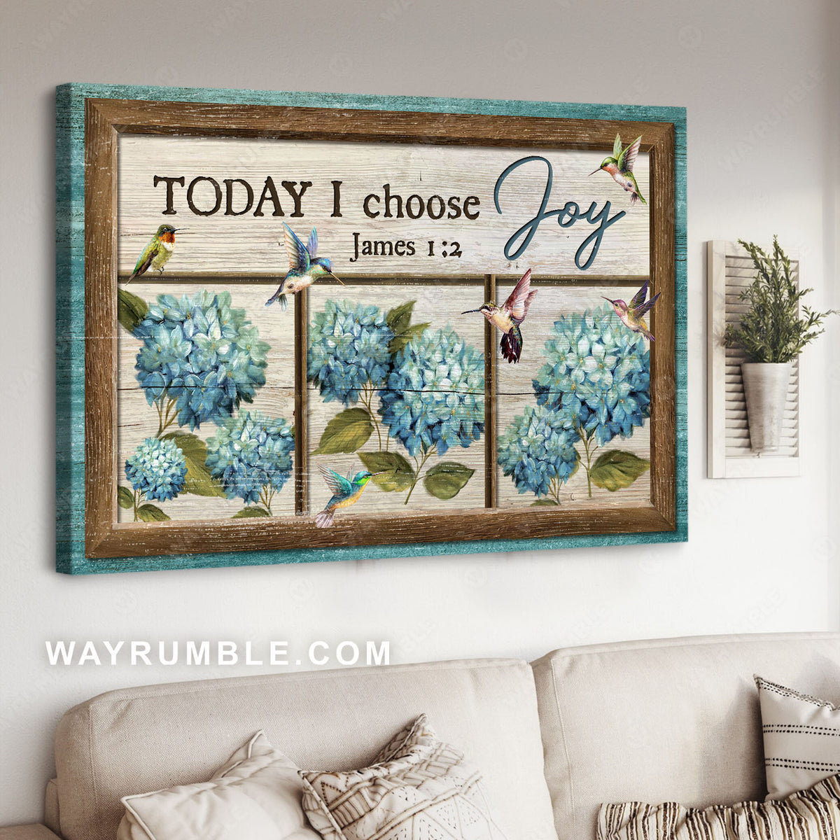 Blue hydrangea, Colorful hummingbirds, Today I choose joy - Jesus Landscape Canvas Prints, Christian Wall Art