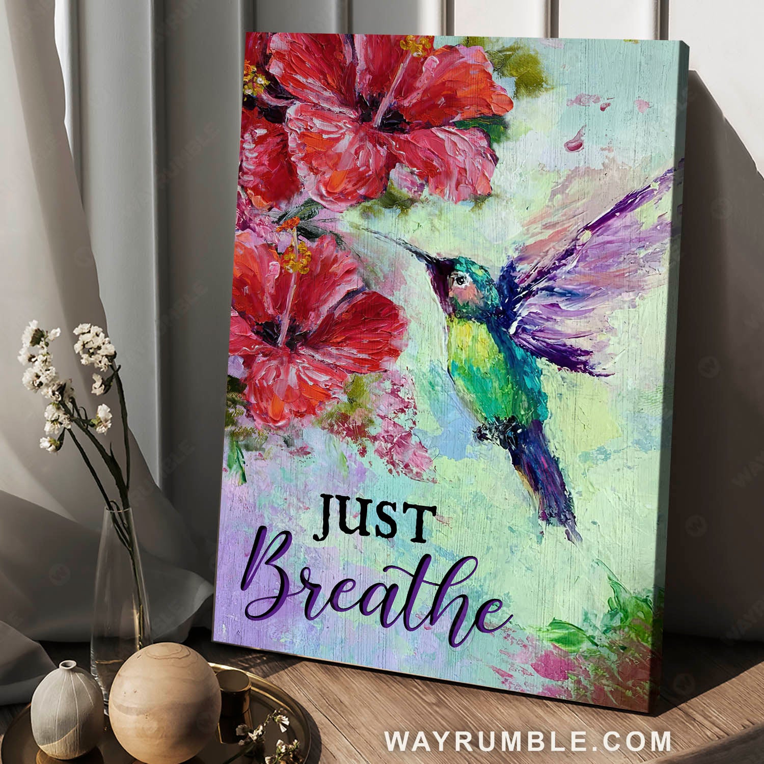 Green hummingbird, Hibiscus flower, Acrylic painting, Just breathe - Jesus Portrait Canvas Prints, Christian Wall Art