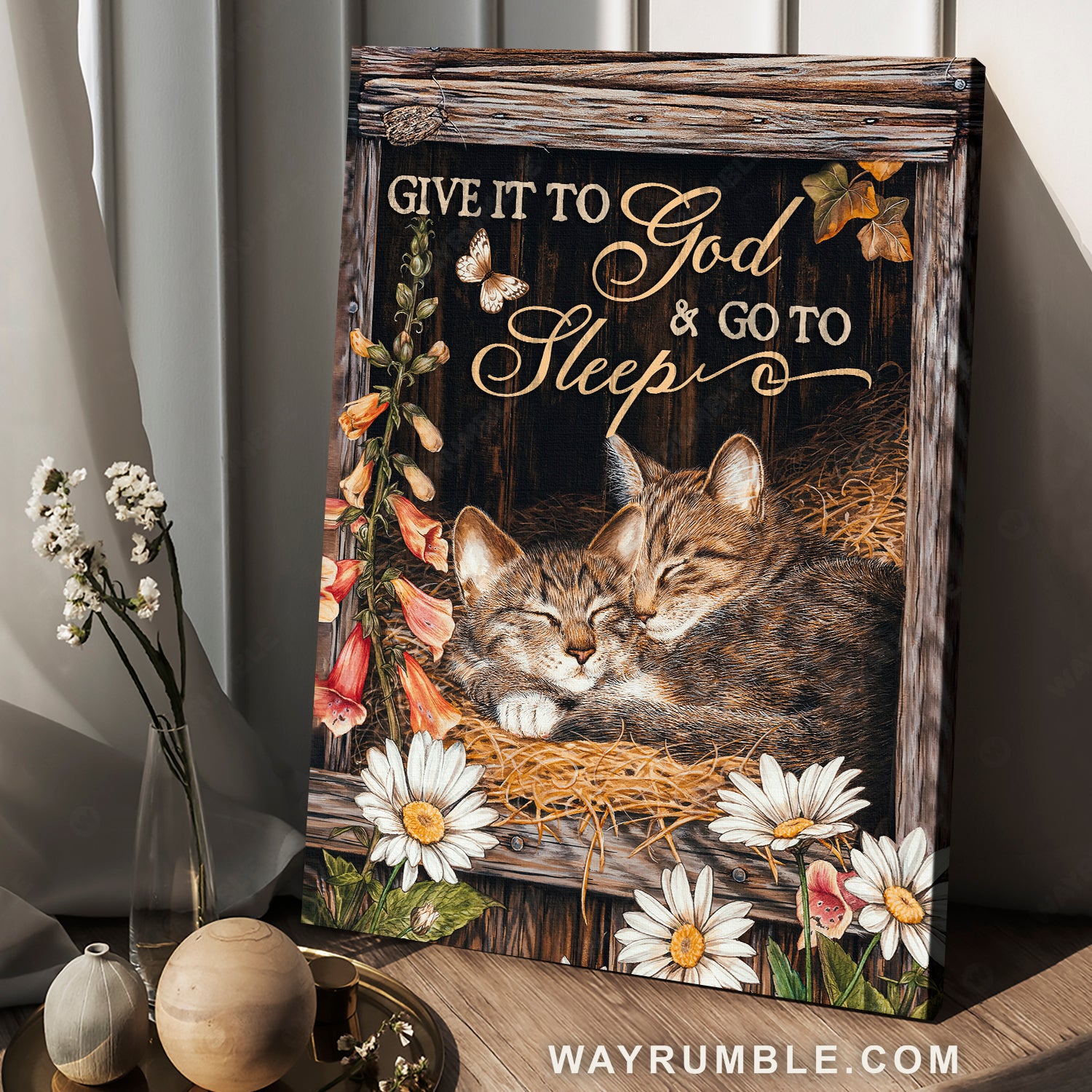 Cozy house, Sleeping cat, Daisy flower, Give it to God and go to sleep - Jesus Portrait Canvas Prints, Home Decor Wall Art