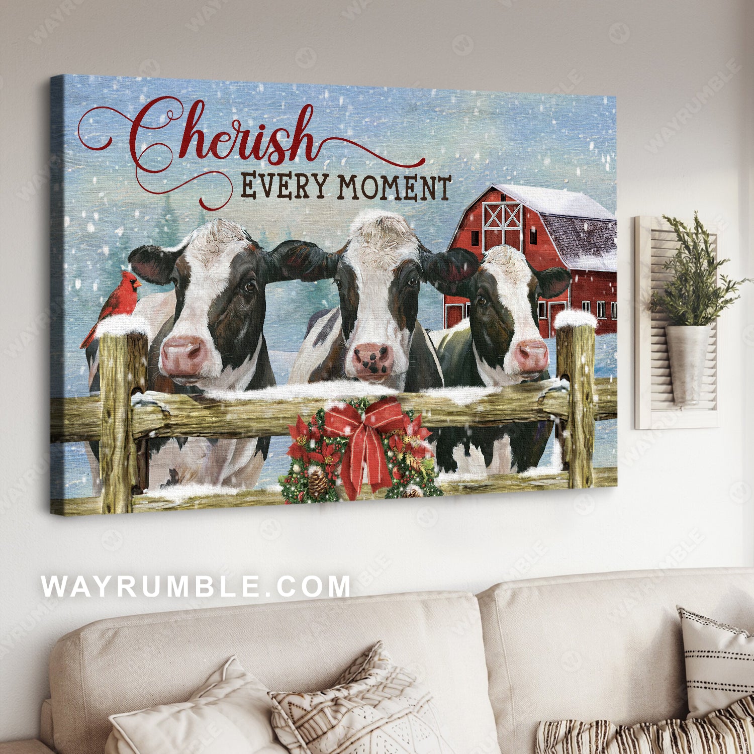 Dairy cow farm, Christmas wreath, Winter vibe, Cherish every moment - Jesus Landscape Canvas Prints, Home Decor Wall Art