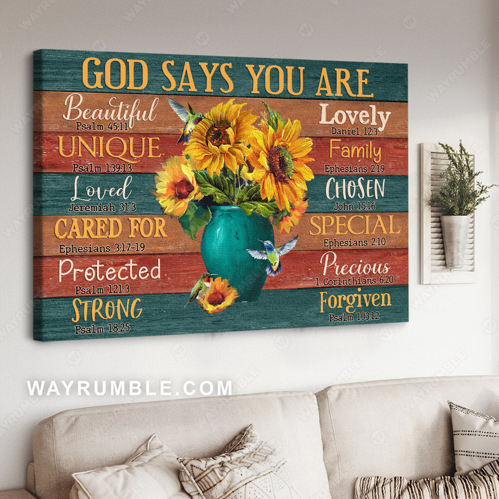 Sunflower painting, Blue vase, Colorful hummingbird, God says you are special - Jesus Landscape Canvas Prints, Christian Wall Art