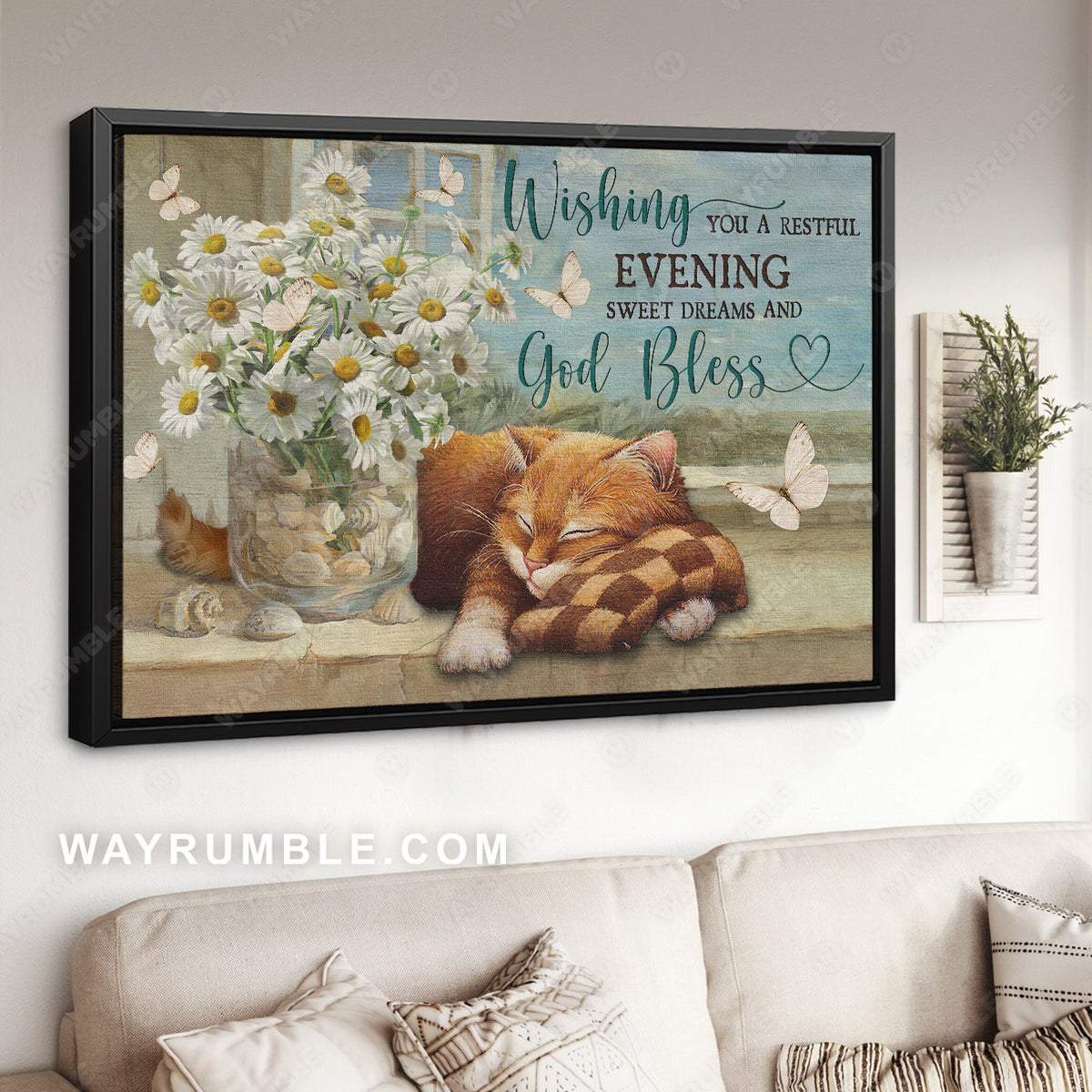 Daisy vase, Brown cat, Cat drawing, Wishing you a restful evening sweet dreams - Jesus Landscape Canvas Prints, Christian Wall Art