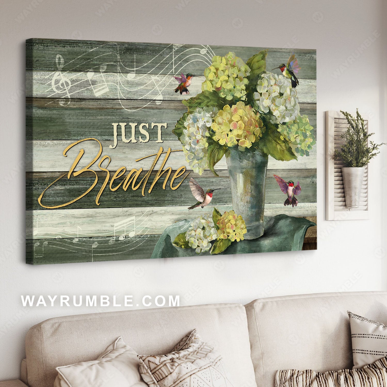 Green hydrangeas, Music sheet, Colorful hummingbird, Just breathe - Jesus Landscape Canvas Prints, Christian Wall Art