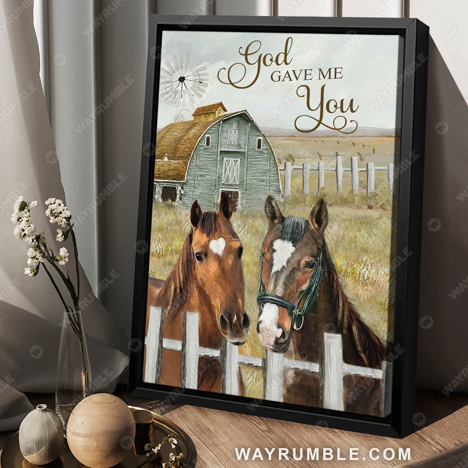 Brown horses painting, Green meadow, Beautiful vintage house, God gave me you - Jesus Portrait Canvas Prints, Christian Wall Art