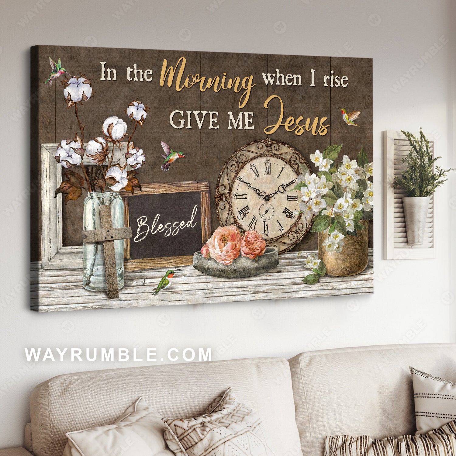 Antique clock, Cotton flower, Jasmine, In the morning when I rise - Jesus Landscape Canvas Prints, Home Decor Wall Art