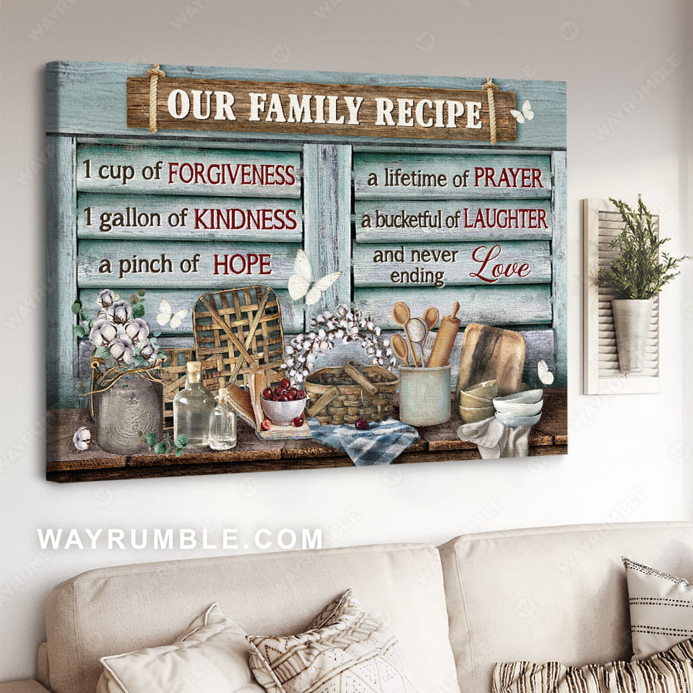 Beautiful kitchen, Cotton flower, Butterfly, Our family recipe - Jesus Landscape Canvas Prints, Christian Wall Art