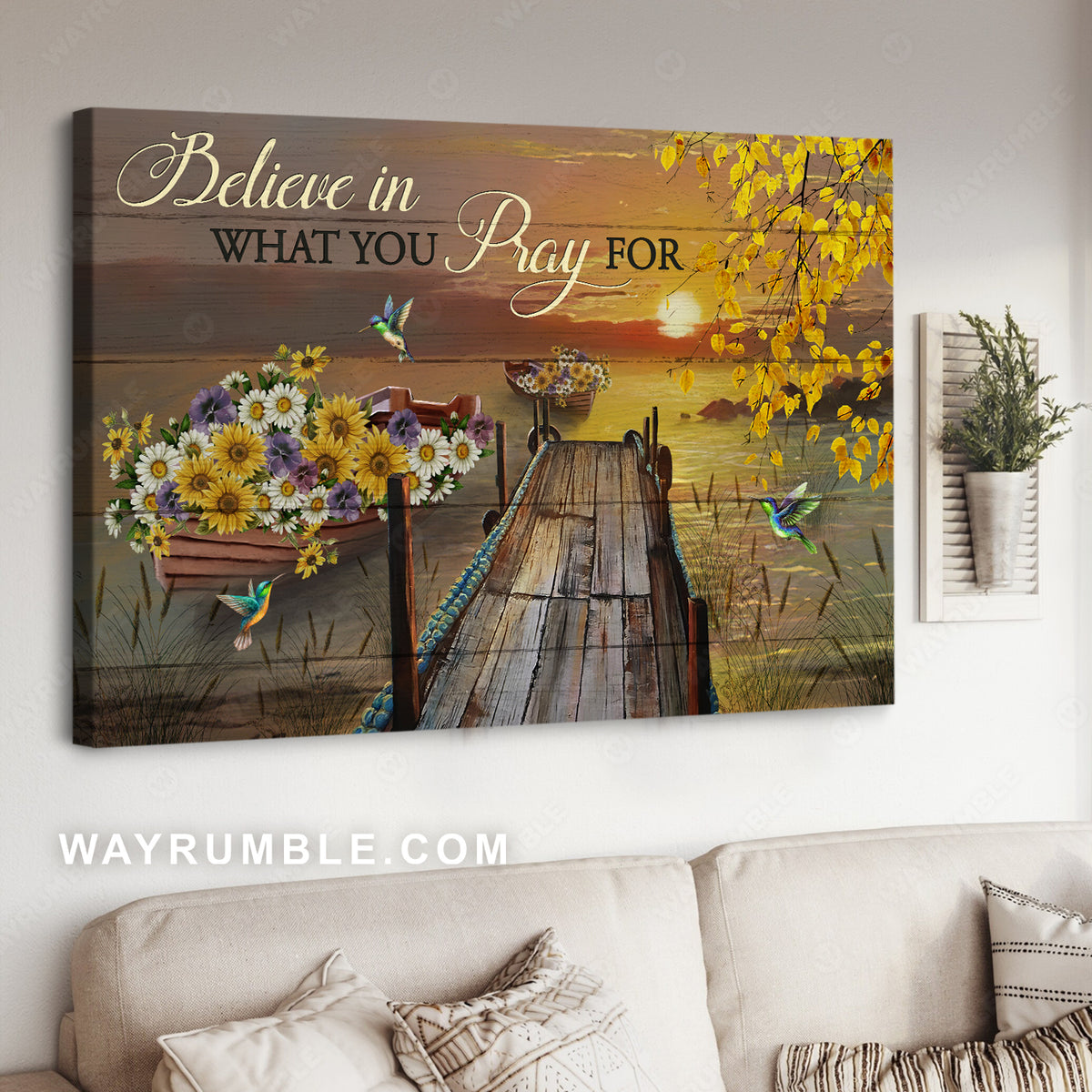 Jetty drawing, Sunset lake, Wooden boat, Daisy flower, Believe in what you pray for - Jesus Landscape Canvas Prints, Christian Wall Art