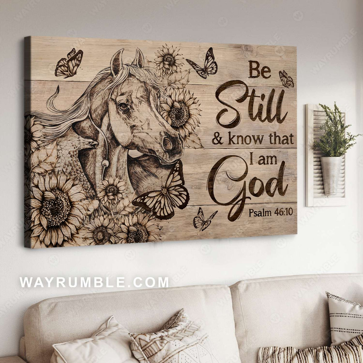 Horse drawing, Sunflower field, Monarch butterfly, Be still and know that I am God - Jesus Landscape Canvas Prints, Christian Wall Art