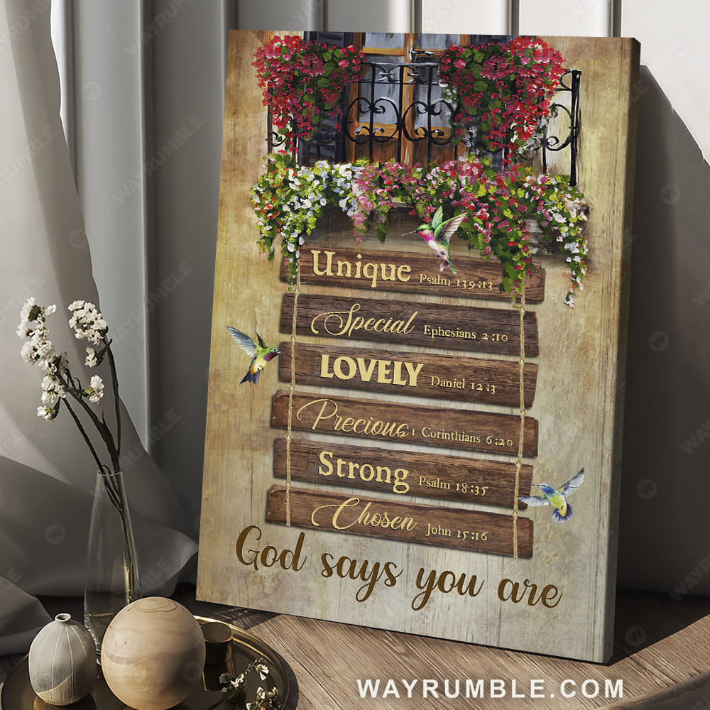 Flower garden, Wooden sign, Colorful hummingbird, God says you are unique - Jesus Portrait Canvas Prints, Christian Wall Art