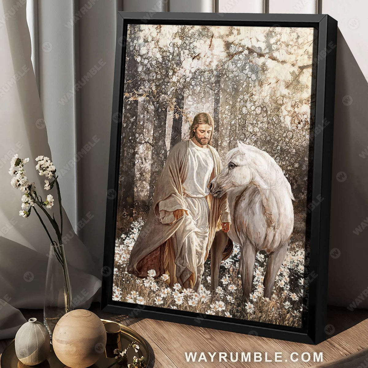 Jesus painting, Horse drawing, Walking with Jesus, White horse in the beautiful forest - Jesus Portrait Canvas Prints, Christian Wall Art