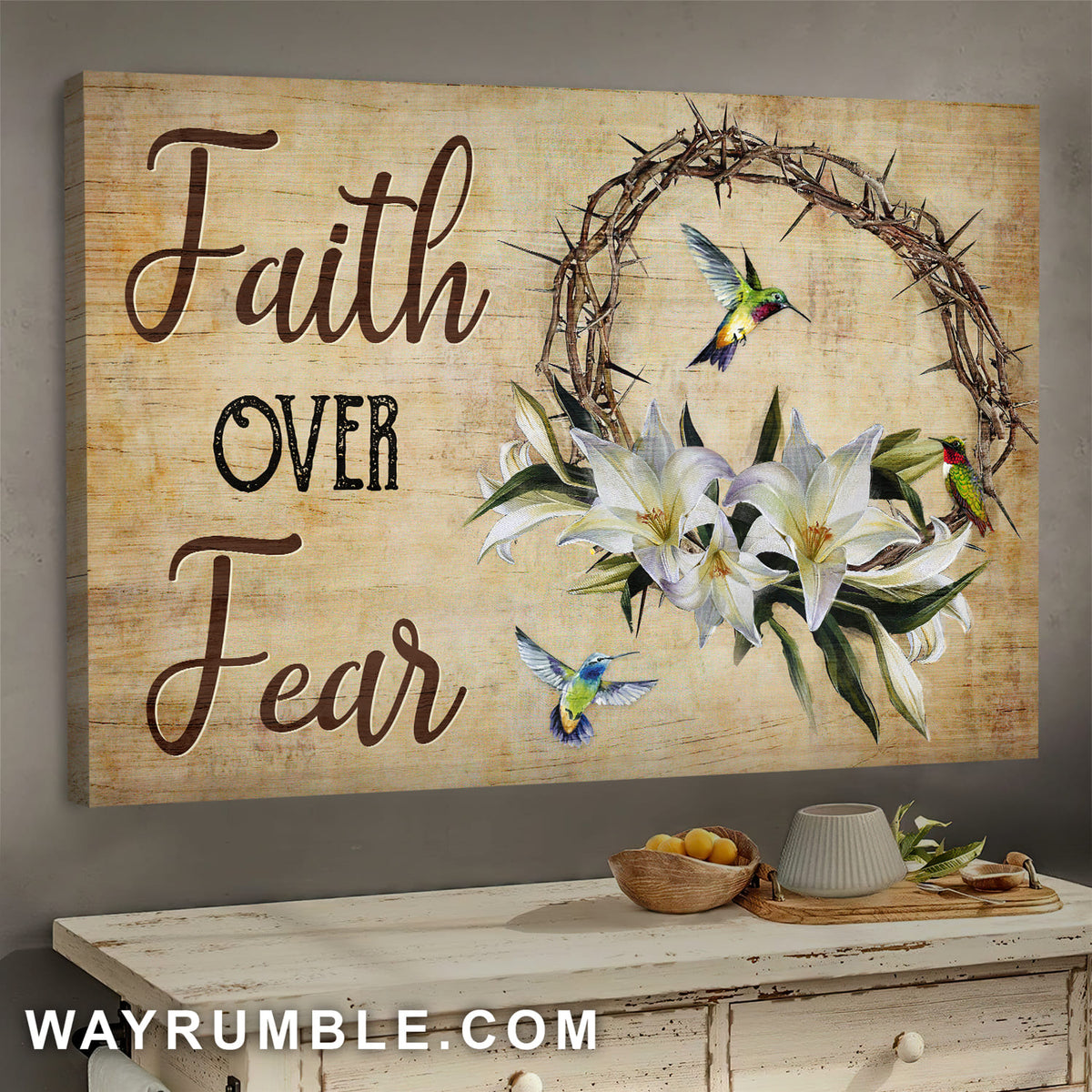 Thorn wreath, Lily flower, Hummingbird, Faith over fear - Jesus Landscape Canvas Prints, Wall Art