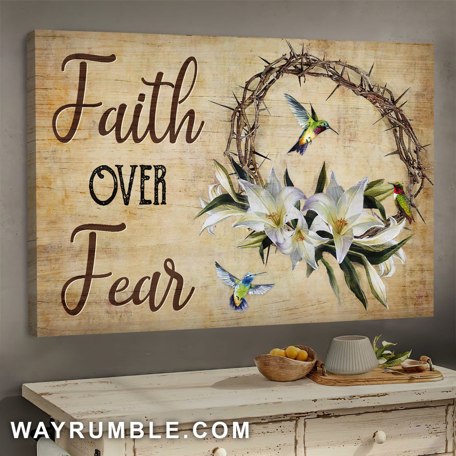 Thorn wreath, Lily flower, Hummingbird, Faith over fear - Jesus Landscape Canvas Prints, Wall Art