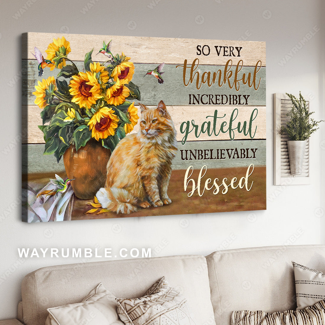 Pretty cat, Sunflower vase, Hummingbird drawing, So very thankful - Jesus Landscape Canvas Prints, Christian Wall Art