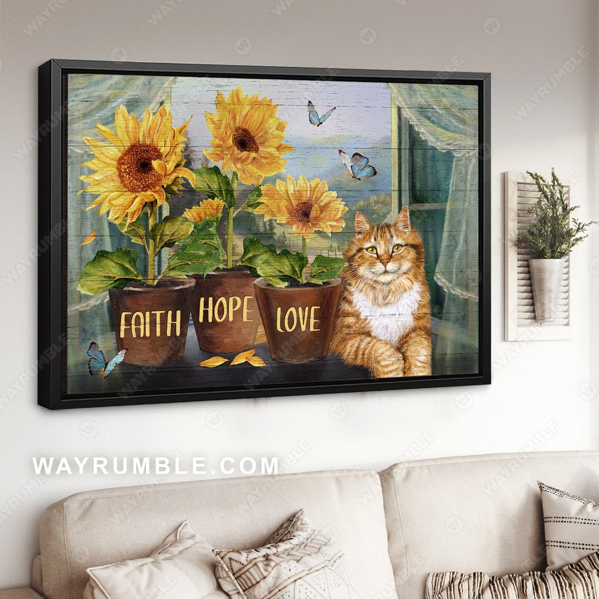 Yellow tabby cat, Sunflower pot, Blue butterfly, Faith, Hope, Love - Jesus Landscape Canvas Prints, Christian Wall Art