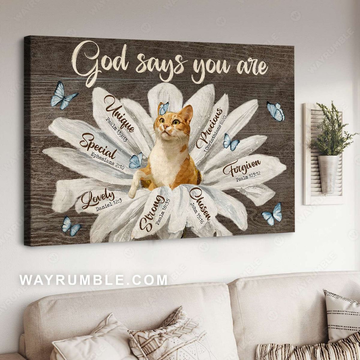 Cat painting, Beautiful butterfly, Wooden background, God says you are - Jesus Landscape Canvas Prints, Christian Wall Art